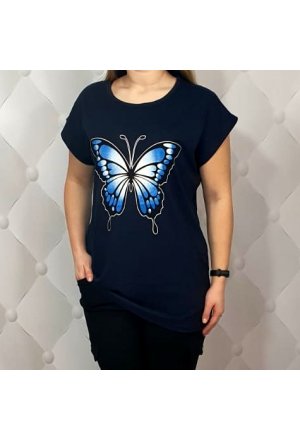 Bluzka Plus Size Granatowa Blue Motyl