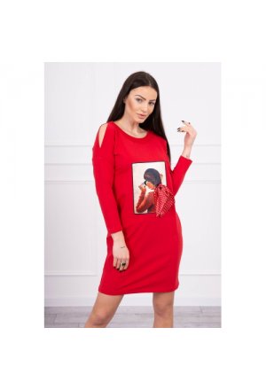 Sukienka z grafiką i kokardą w grochy 3D czerwona