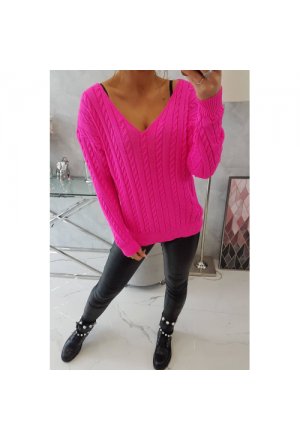 Sweter pleciony z dekoltem V różowy neon