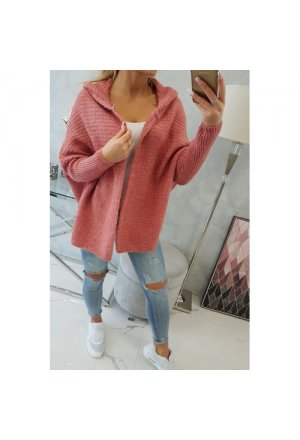 Sweter z kapturem i rękawami typu nietoperz ciemny różowy